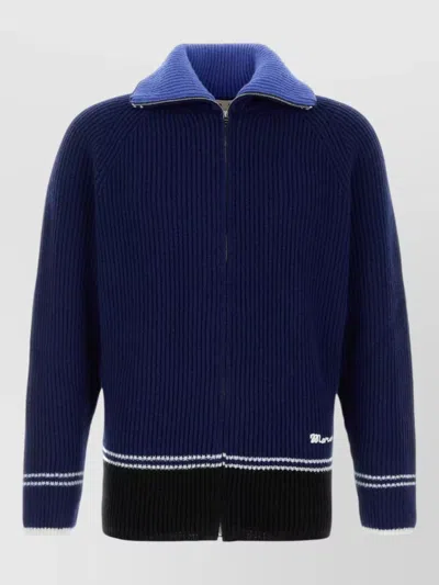 Marni Wool Blend Cardigan Contrast Collar Hem In Blue