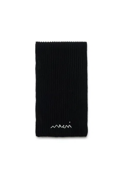 Marni Wool-blend Knit Scarf With Logo In Black