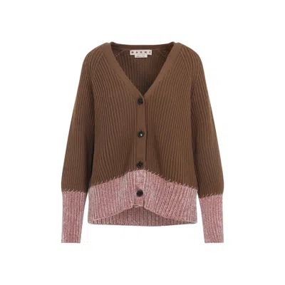 Marni Wool Buttoned V Neck Cardigan In Brown