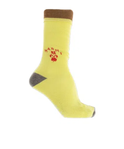Marni Wool Flower Logo Mid-calf Socks In Yellow