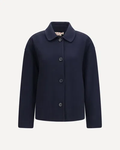 Marni Wool Jacket With Logo Embroidery In Blue