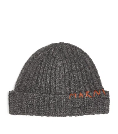 Marni Wool Embroidered Logo Beanie In Grey