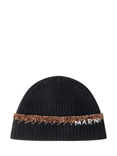 Marni Wool Logo Beanie In Nero