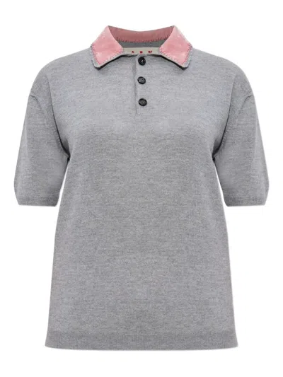 MARNI WOOL POLO SHIRT WITH VELVET COLLAR