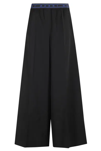 Marni Wool Trousers With Contrast Logo Waistband In Black
