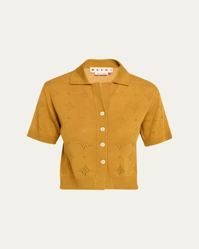 Marni Wool-silk Openwork Short-sleeved Shirt In Brown