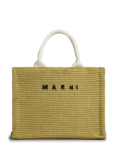Marni Woven Embroidered-logo Shopping Tote Bag In Pistacchio/natural