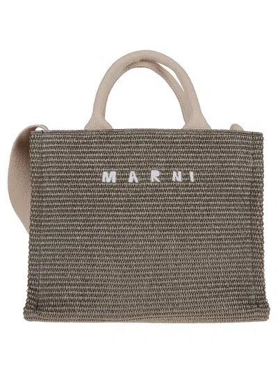 Marni Woven Raffia East/west Tote Bag With Embroidered Logo In Green