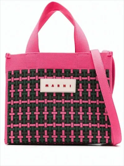 Marni Woven Rectangular Tote Bag With Pink Handles And Detachable Strap In White