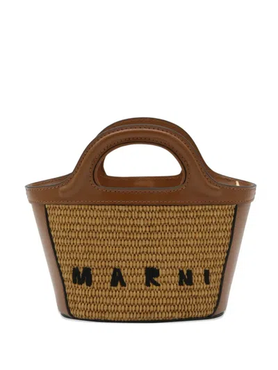 Marni Micro Tropicalia Leather-trim Tote Bag In Brown