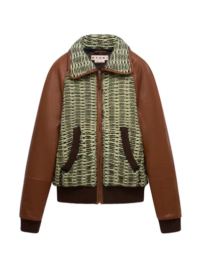 Marni Yellow And Light Green Cotton-wool Knit Jacket With Leather Sleeves In Brown