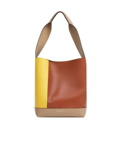 Marni Yellow, Brown And Taupe Leather Pod 2.0 Bag In Multi