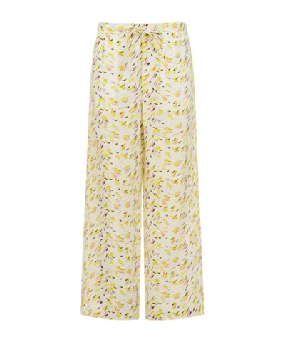 Marni Yellow Linen Trousers With Brushstroke Wave Print In White