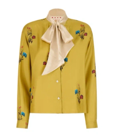 Marni Yellow Silk Twill Shirt With Tulip Print In Gold