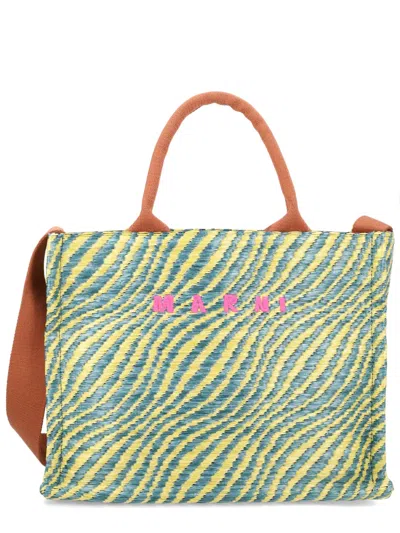 Marni Yellow Wavy Striped Polyamide Tote Bag In Green