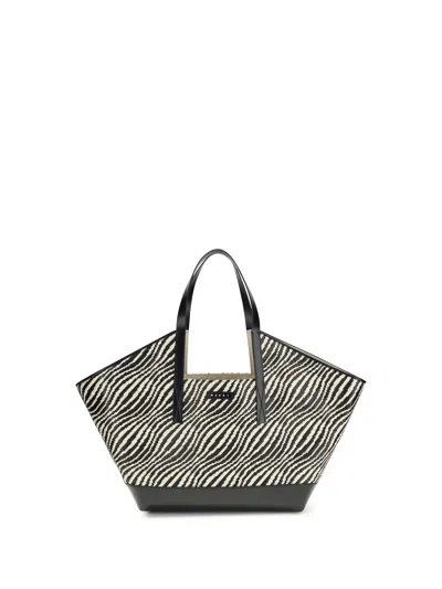 Marni Zebra-striped Raffia-effect Tote Bag In Black
