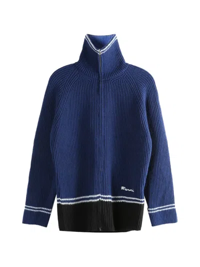 Marni Zip-up Roll-neck Cardigan In Blue