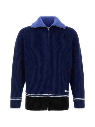Marni Wool Blend Cardigan Contrast Collar Hem In Blue