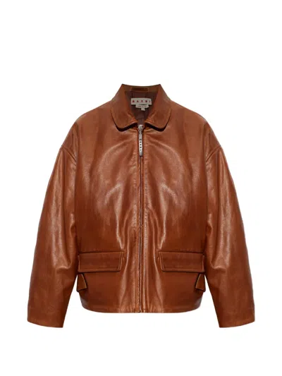 Marni Zip-up Leather Jacket In Brown