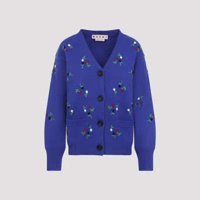 Marni -style Cardigan With Hand-embroidered Flower Motifs In Blue