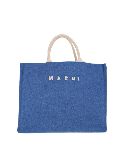 Marni -style Contrast Leather Mini Bag With Metallic Brass Hardware In Blue