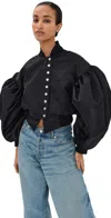 Marques' Almeida Duchesse Satin Fitted Bomber Jacket With Puff Volume Sleeves Black In Black