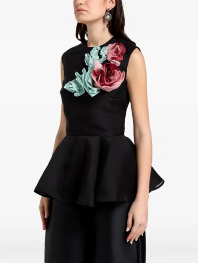 Marques' Almeida Floral-appliqué Peplum Top In Black