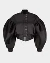 Marques' Almeida Duchesse Satin Fitted Bomber Jacket With Puff Volume Sleeves Black In Black