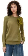 Marques' Almeida Thin Knit Crew Neck Sweater With Flower Embellishment Khaki In Khaki