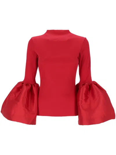 Marques' Almeida Heavy Satin And Rib Jersey High Neck Long Sleeve Top With Puff Sleeves Red