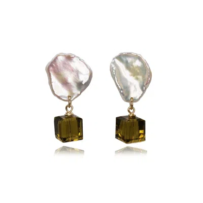 Marquise Swim Women's Brown / Gold / White Earrings Air Drop Keshi Pearl Gold Filled & Crystal