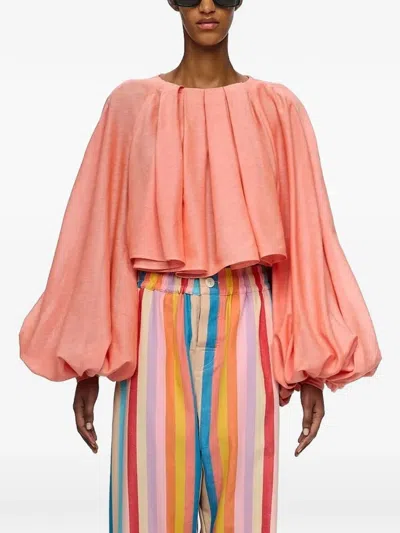 Marrakshi Life The Cropped Pleated-detail Balloon-sleeve Blouse In Multi