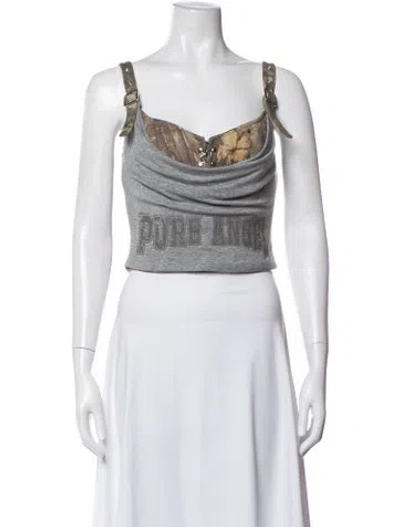 Pre-owned Marrknull Floral Print Scoop Neck Crop Top In White