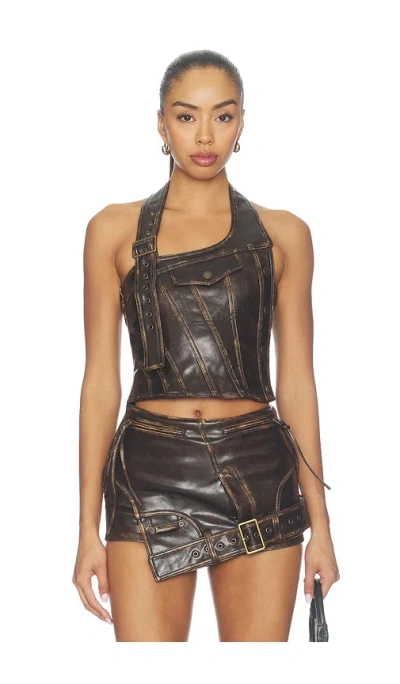 Marrknull Off-shoulder Leather Crop Top In Brown