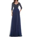 Marsoni By Colors Beaded Applique Chiffon Dress In Navy In Blue