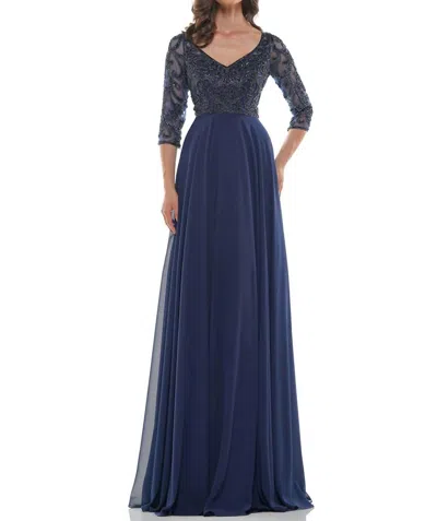 Marsoni By Colors Beaded Applique Chiffon Dress In Navy In Blue