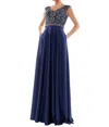 Marsoni By Colors Beaded Bodice Flowy A-line Dress In Navy In Blue