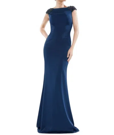 Marsoni By Colors Beaded Cowl Back Trumpet Gown In Navy In Blue