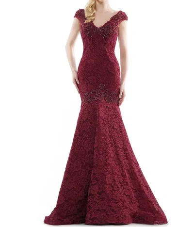 Marsoni By Colors Embellished Lace Fitted Trumpet Gown In Burgundy In White