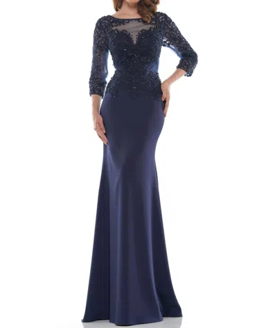 Marsoni By Colors Fit & Flare 3/4 Sleeve Gown In Navy In Blue