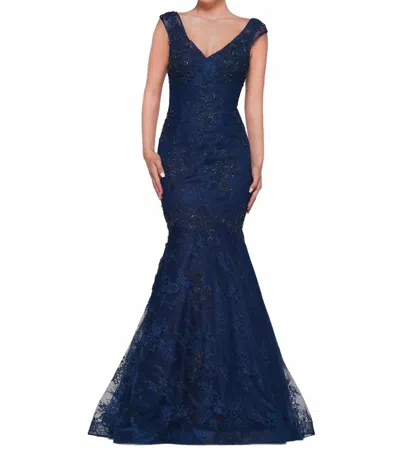 Marsoni By Colors Lace Appliqued V-neck Dress In Navy In Blue