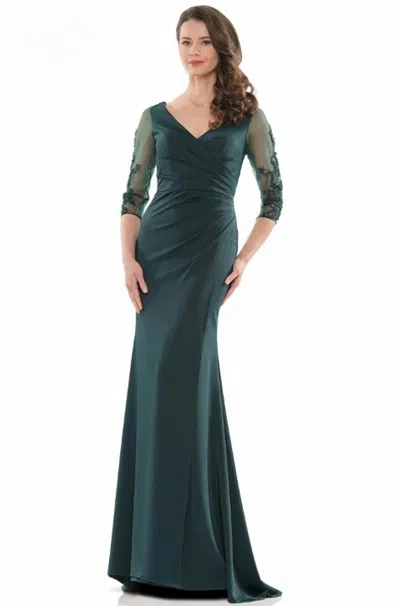 Marsoni By Colors Mesh Long Sleeve Evening Gown In Deep Green In Multi