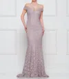 MARSONI BY COLORS OFF SHOULDER LACE GOWN IN MAUVE