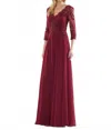 Marsoni By Colors Quarter Sleeve Scalloped Lace Gown In Wine In Red