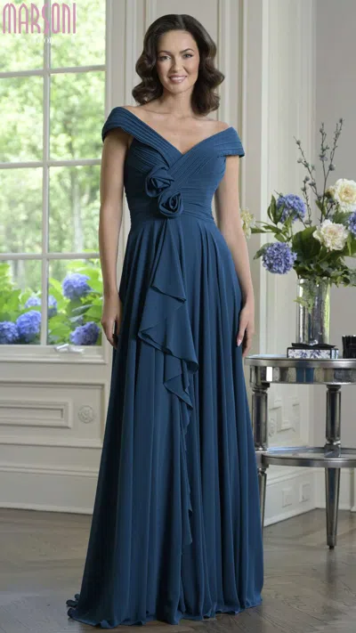 Marsoni M333 Long 3d Floral A Line Ruffle Formal Dress In Blue