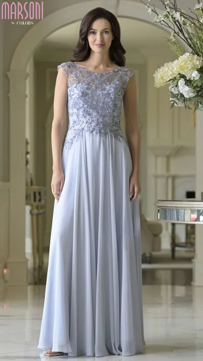 Marsoni M340 Beaded Long Formal A Line Dress In Blue