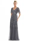 Marsoni Mv1259 Long Beaded Formal Short Sleeve Dress In Gray
