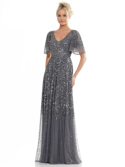 Marsoni Mv1259 Long Beaded Formal Short Sleeve Dress In Gray