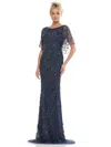 Marsoni Mv1261 Mother Of The Bride Long Beaded Mesh Short Sleeve Dress In Blue
