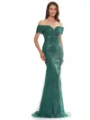 Marsoni Mv1275 Off Shoulder Metallic Embroidered Tulle Formal Dress In Green